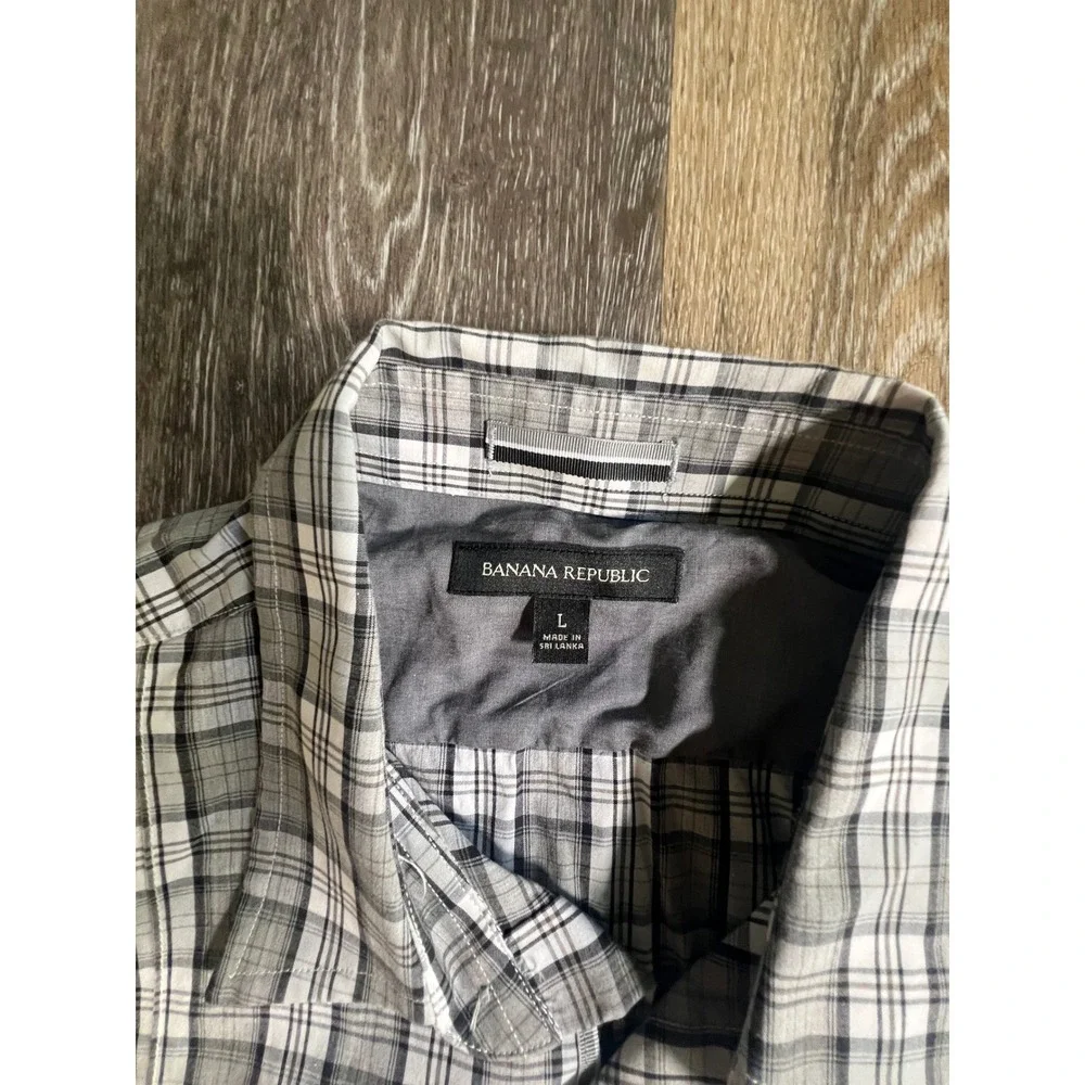 Banana Republic Plaid Button Down Mens Large Grey‎ Excellent Long Sleeve Pockets